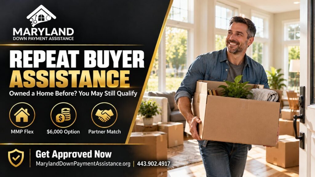 Maryland down payment assistance for repeat buyers β homeowner carrying moving box into new home