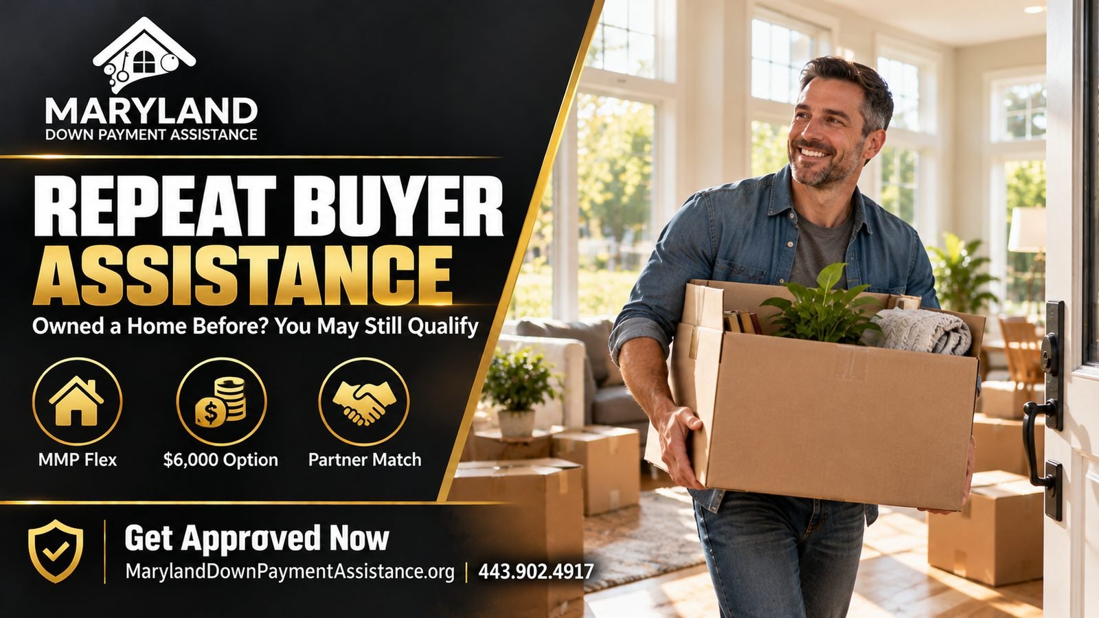 Maryland down payment assistance for repeat buyers – homeowner carrying moving box into new home