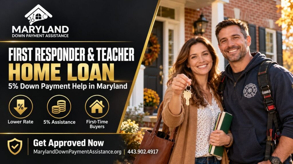 Maryland first responder and teacher home loan – teacher and firefighter holding keys outside a brick home