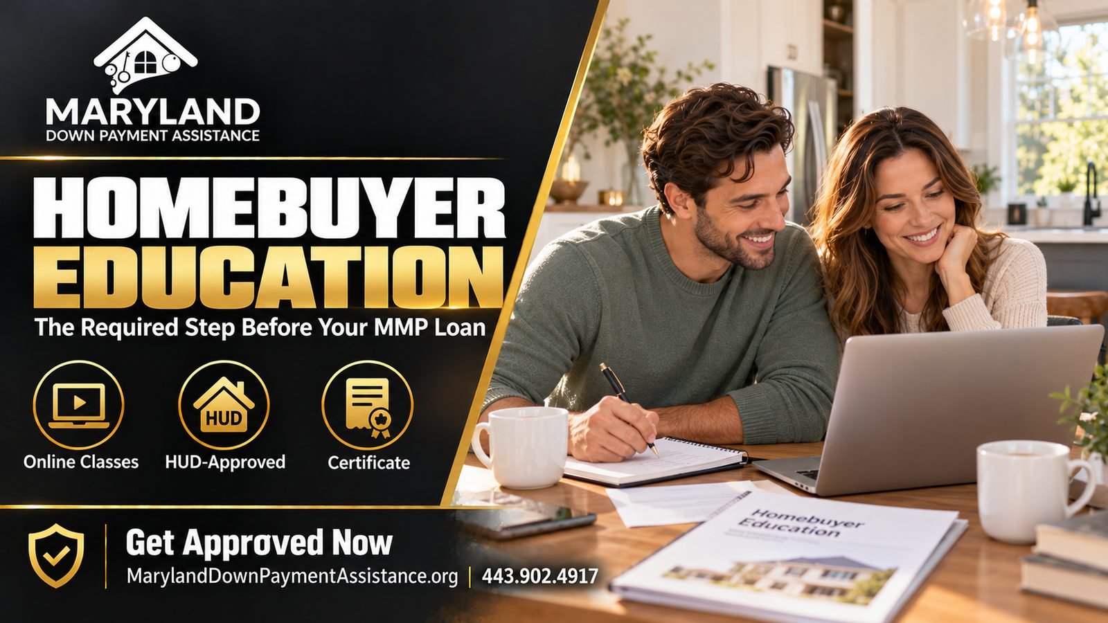 Maryland homebuyer education course – couple taking online homebuyer class at kitchen table